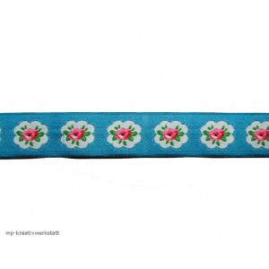 1m Webband rosa Rosen auf Blau 20mm breit